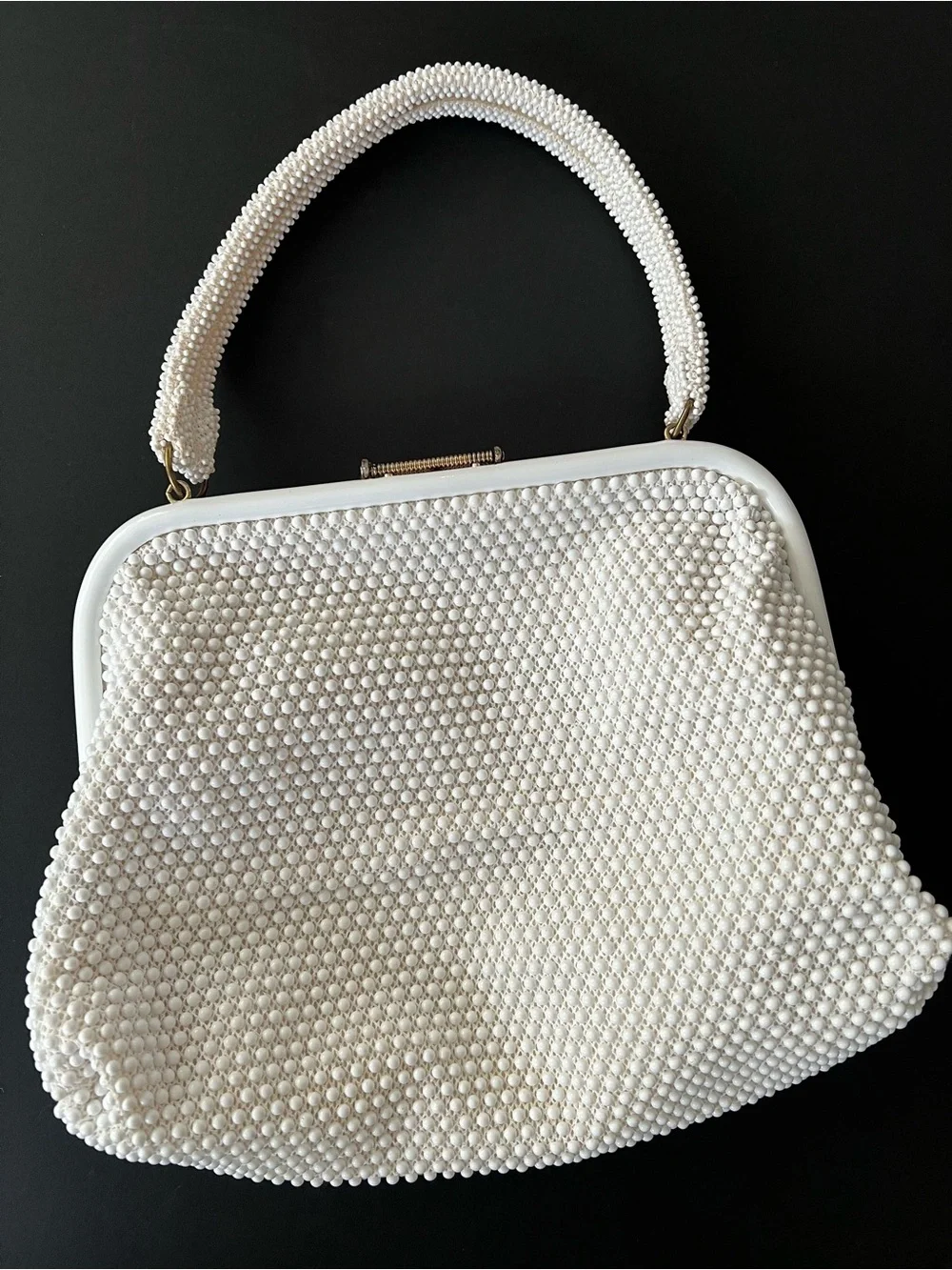 Vintage Lumured Candy Dot Beaded White Bag White with Pink Petite Roses